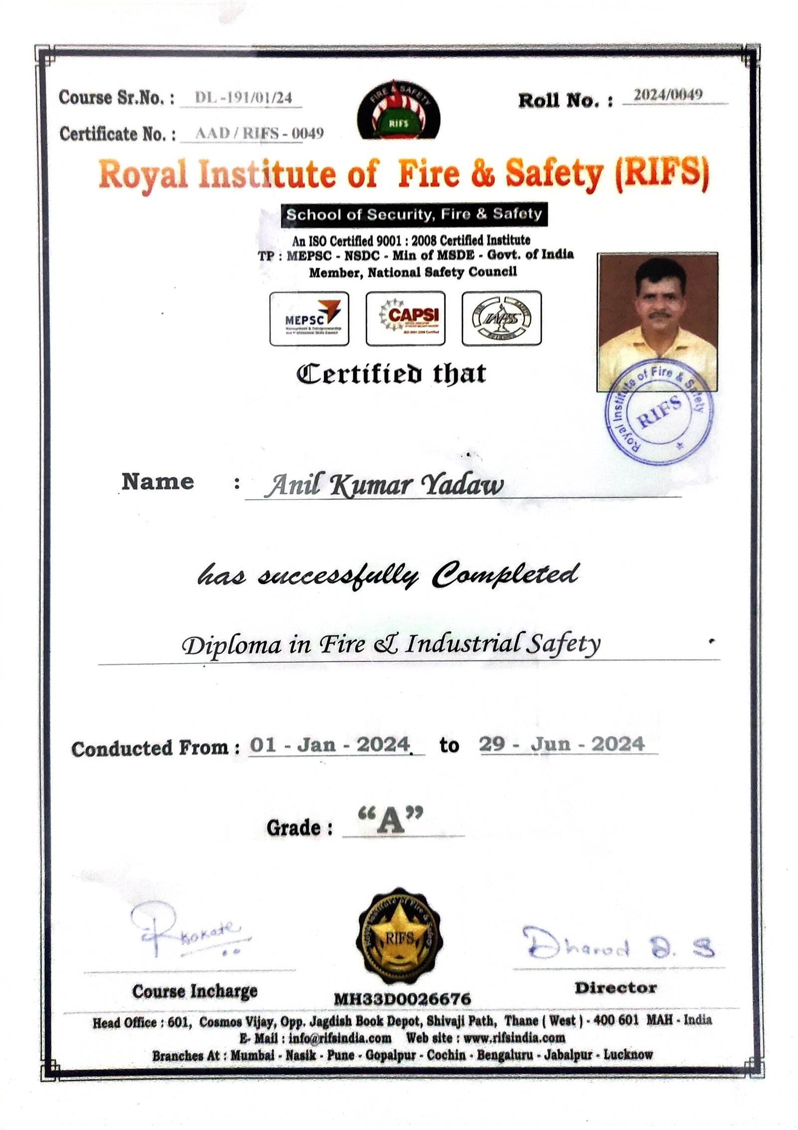 Diploma in Fire and Industrial Safety certificate