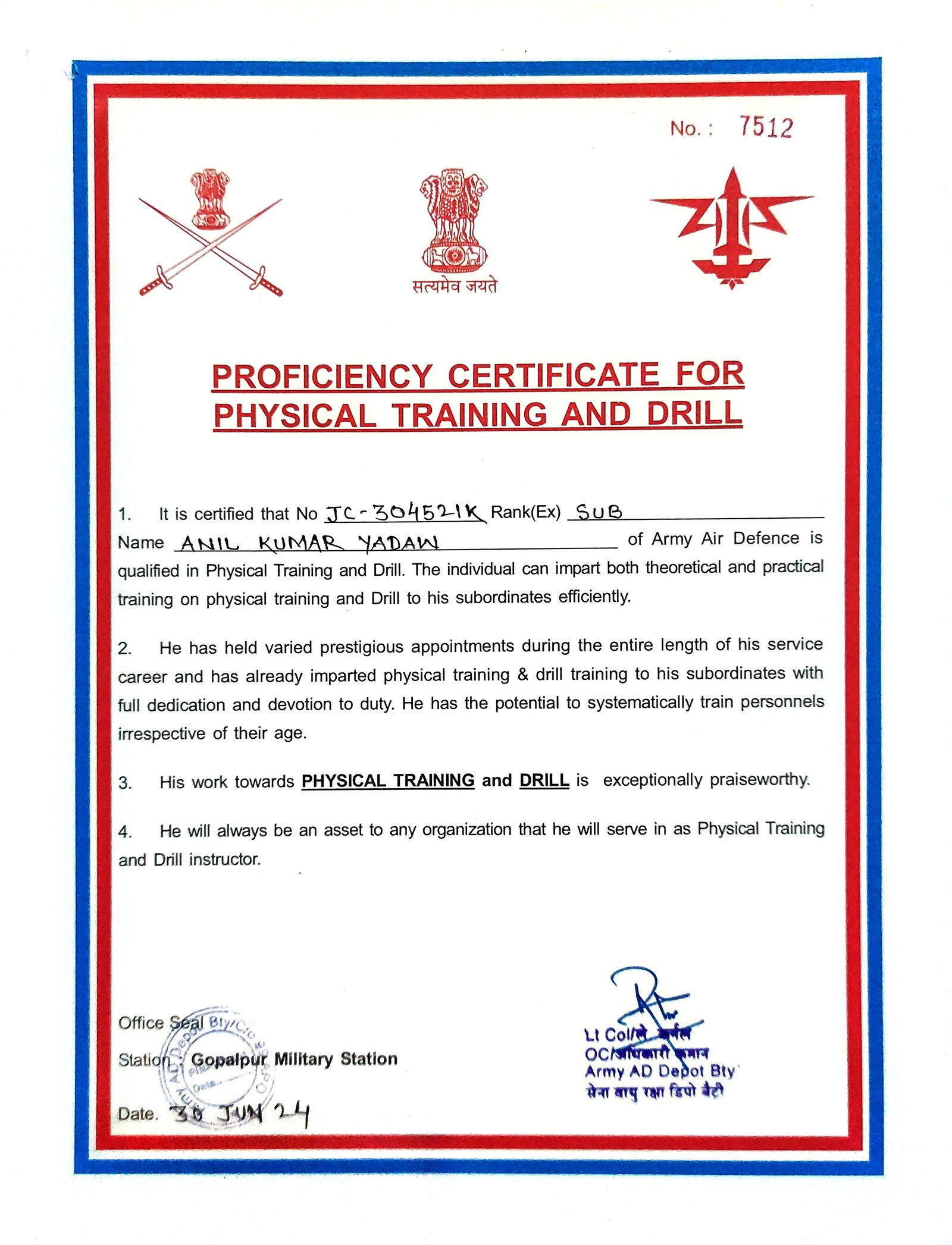 Physical Training and Drill Proficiency certificate