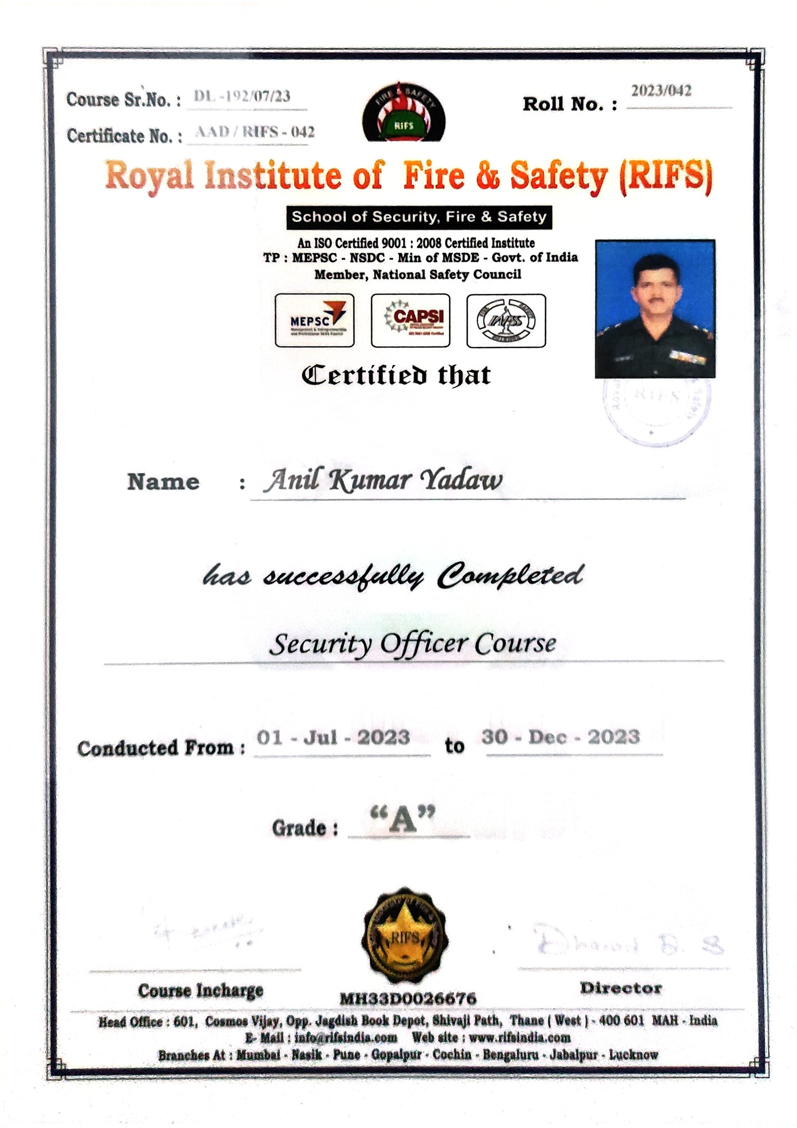 Security Officer Course certificate