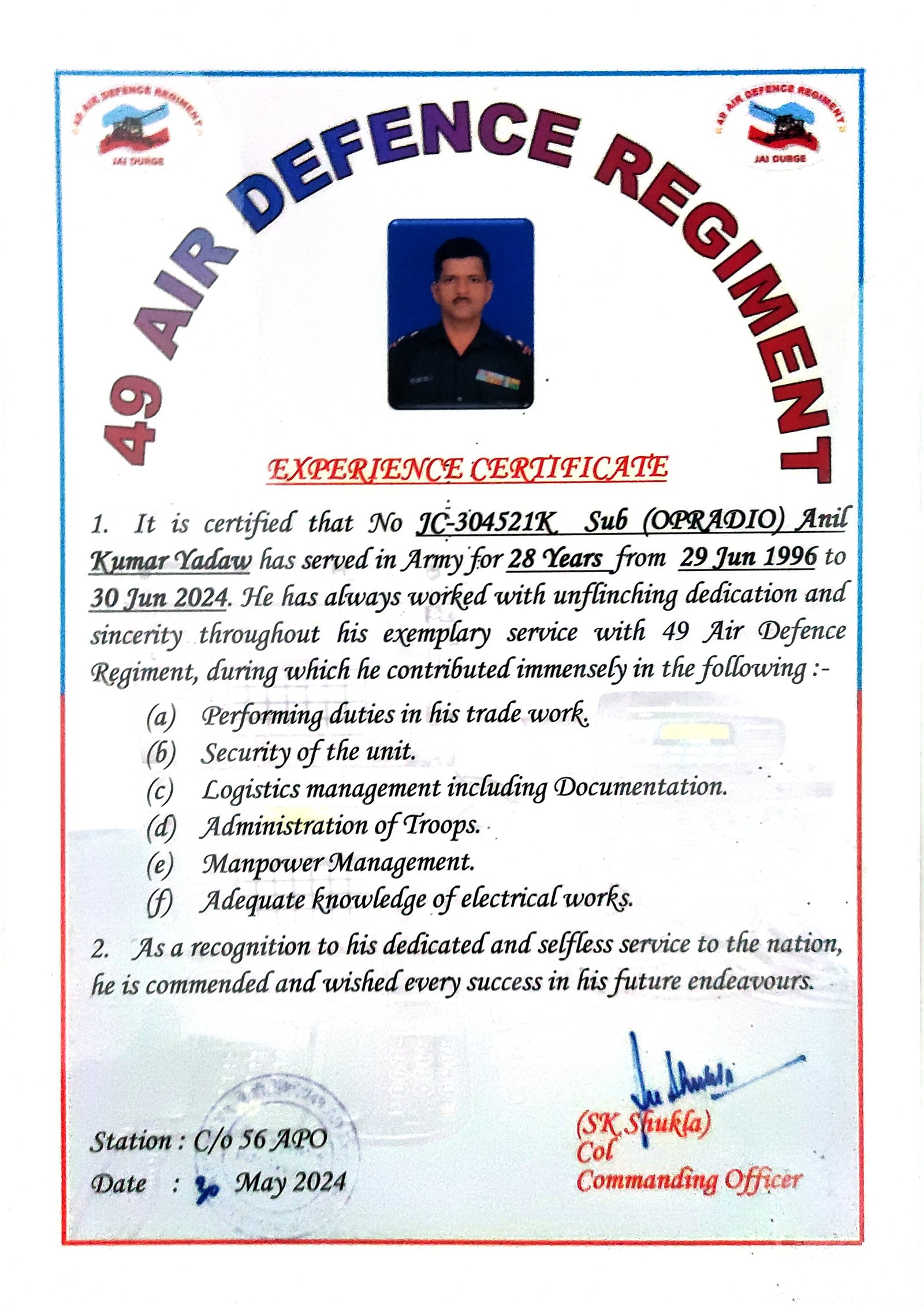 Military Service and Experience certificate