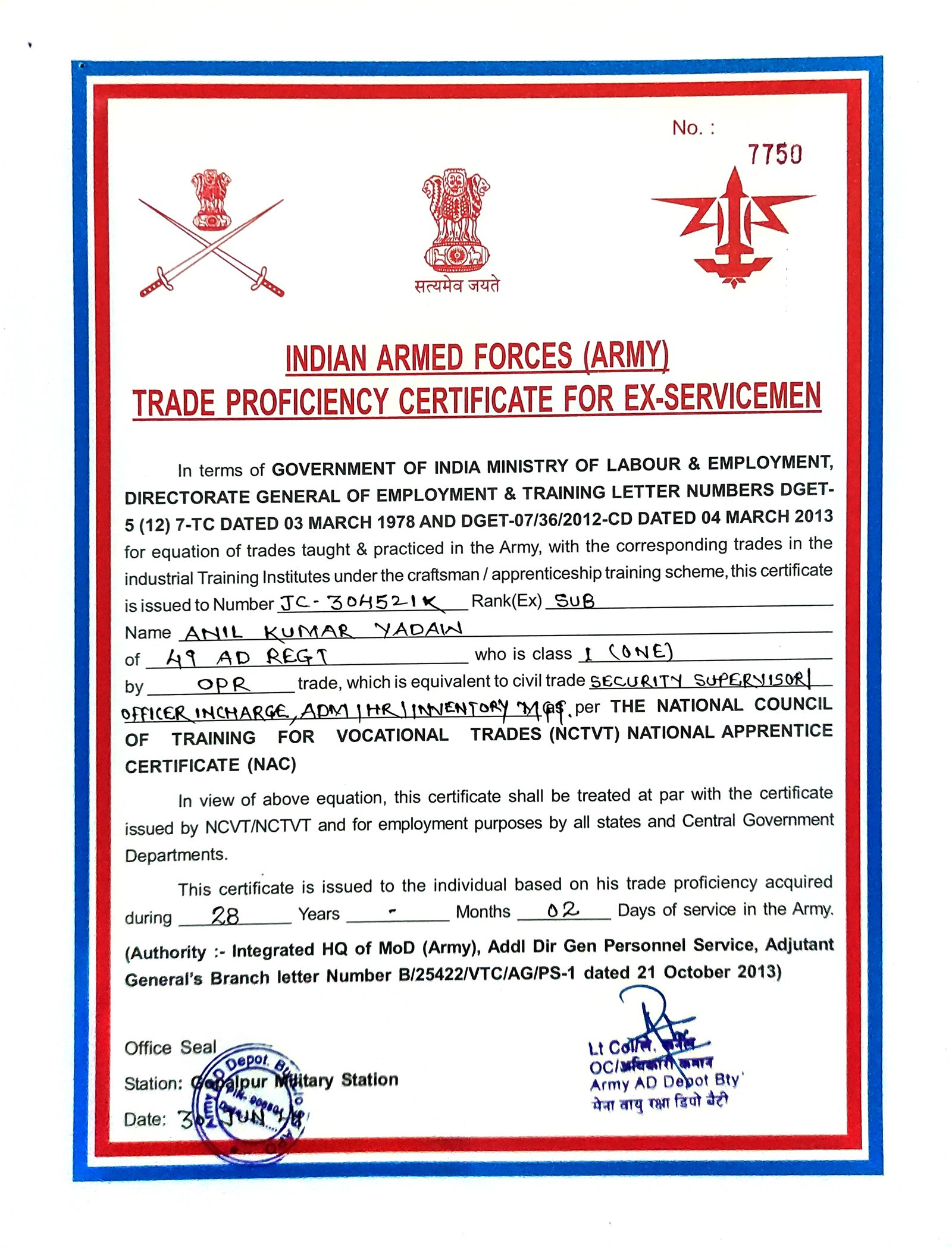 Trade Proficiency Security Supervisor certificate